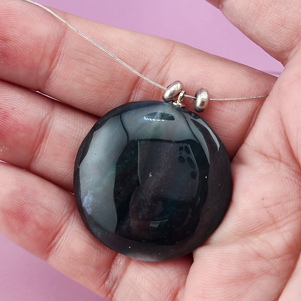 Black Smoky Obsidian Pendant Necklace Silver Tone Minimalist Statement Jewelry